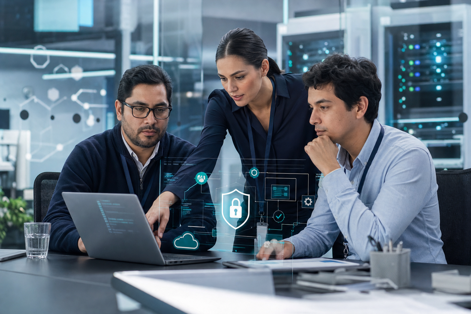Equipo especializado colaborando en una solución de ciberseguridad
